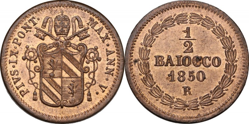 Roma. Pio IX (1846-1878), Giovanni Mastai Ferretti. Mezzo baiocco 1850 A. V. D/ ...