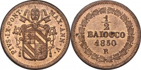 Roma. Pio IX (1846-1878), Giovanni Mastai Ferretti. Mezzo baiocco 1850 A. V. D/ Stemma a targa; cvhiavi con impugnatura tonda, cordoni e fiocchi. R/ 1...