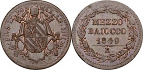 Roma. Pio IX (1846-1878), Giovanni Mastai Ferretti. Mezzo baiocco 1849 A. IV. D/ Stemma ovale in cornice con due rami d'olivo in basso e sovrapposto a...