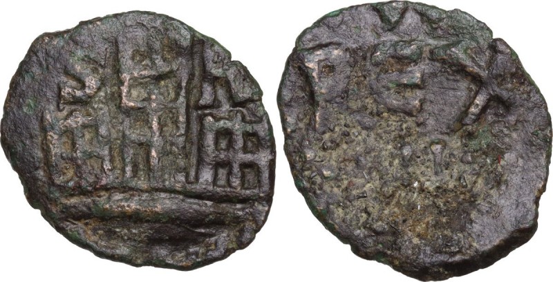 Salerno. Guglielmo II (1166-1189). Follaro. D/ W / REX / II. R/ Castello stilizz...