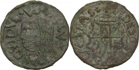 Urbino. Guidobaldo I di Montefeltro (1482-1508). Quattrino. D/ Busto con testa di grandi dimensioni a sinistra. R/ Stemma coronato. Cf. CNI XXVII, 18;...