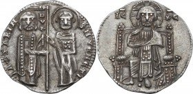 Venezia. Iacopo Contarini (1275-1280). Grosso matapan. D/ San Marco, in piedi a destra, porge il vessillo al Doge stante a sinistra; lungo l'asta DVX....