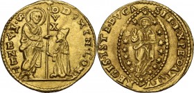 Venezia. Domenico Contarini (1659-1675). Zecchino di terzo tipo. D/ San Marco nimbato, stante a sinistra, porge il vessillo terminante in croce al Dog...