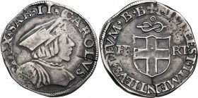 Casa Savoia. Carlo II (1504-1553). Testone sd, III tipo (?), Bourg. Biaggi 293q; Simonetti 18/1/bis; MIR (Savoia) 340a. AG. 9.24 g. 28.50 mm. RRR. Due...