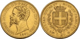 Regno di Sardegna. Vittorio Emanuele II (1849-1861). 20 lire 1850 Torino. Pag. 338; Mont. 1. AU. 21.00 mm. Segnetto al diritto. SPL+/FDC.