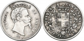 Re Eletto. Vittorio Emanuele II (1859-1861). 50 centesimi 1861 Firenze. Pag. 444; Mont. 122. AG. 18.00 mm. RRRR. Millessimo molto raro. qBB.