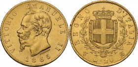 Vittorio Emanuele II (1861-1878). 20 lire 1865 Torino, oro rosso. Pag. 459; Mont. 135a. AU. 21.00 mm. SPL.
