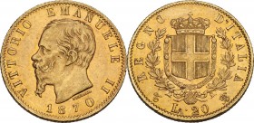 Vittorio Emanuele II (1861-1878). 20 lire 1870 Torino. Pag. 465; Mont. 140. AU. 21.00 mm. RR. SPL+/qFDC.
