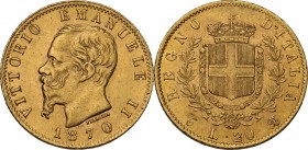 Vittorio Emanuele II (1861-1878). 20 lire 1870 Torino. Pag. 465; Mont. 140. AU. 21.00 mm. RR. qSPL.