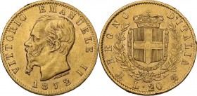 Vittorio Emanuele II (1861-1878). 20 lire 1872 Milano. Pag. 467; Mont. 143. AU. 21.00 mm. RR. Minimi segnetti sul ciglio, altrimenti BB/Bel BB.