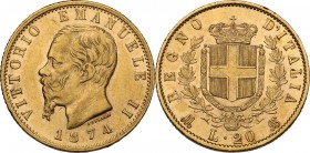 Vittorio Emanuele II (1861-1878). 20 lire 1874 Milano. Pag. 470; Mont. 146. AU. 21.00 mm. BB/BB+.