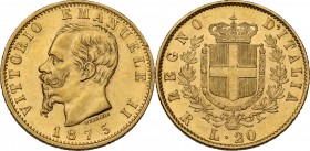 Vittorio Emanuele II (1861-1878). 20 lire 1875 Roma. Pag. 472; Mont. 148. AU. 21.00 mm. R. qSPL/qFDC.