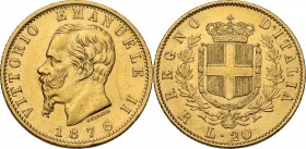 Vittorio Emanuele II (1861-1878). 20 lire 1876 Roma. Pag. 473; Mont. 150. AU. 21.00 mm. qSPL.