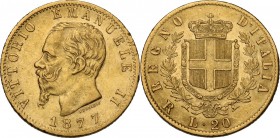 Vittorio Emanuele II (1861-1878). 20 lire 1877 Roma. Pag. 474; Mont. 151. AU. 21.00 mm. BB/BB+.