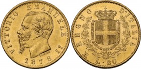 Vittorio Emanuele II (1861-1878). 20 lire 1878 Roma. Pag. 475; Mont. 152. AU. 21.00 mm. Segnetto al diritto. qFDC/FDC.
