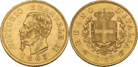 Vittorio Emanuele II (1861-1878). 10 lire 1863 Torino. Pag. 477; Mont. 155. AU. 18.50 mm. Conservazione altissima FDC.