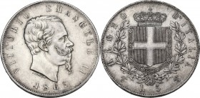 Vittorio Emanuele II (1861-1878). 5 lire 1865 Torino. Pag. 487; Mont. 167. AG. 37.00 mm. R. Piacevole patina riposata. SPL+.