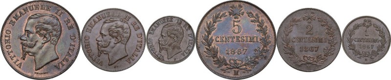 Vittorio Emanuele II (1861-1878). Lotto di tre (3) monete da 5 centesimi, 2 cent...