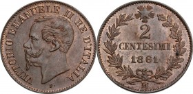 Vittorio Emanuele II (1861-1878). 2 centesimi 1861 Milano. Pag. 557; Mont. 254. CU. 20.00 mm. Tracce di ribattitura. Rame rosso. qFDC/FDC.
