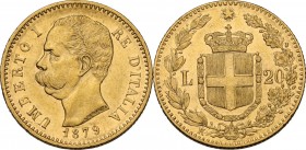 Umberto I (1878-1900). 20 lire 1879. Pag. 575; Mont. 10. AU. 21.00 mm. SPL+.