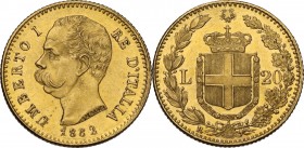 Umberto I (1878-1900). 20 lire 1882 oro rosso. Pag. 578; Mont. 17. AU. 21.00 mm. R. qFDC.