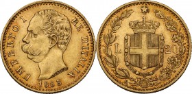 Umberto I (1878-1900). 20 lire 1883 oro rosso. Pag. 579; Mont. 19. AU. 21.00 mm. R. qSPL/SPL+.