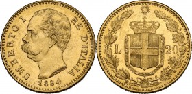 Umberto I (1878-1900). 20 lire 1884. Pag. 580; Mont. 20. AU. 21.00 mm. RR. Minimi segnetti da contatto. Fondi lucenti. qFDC.