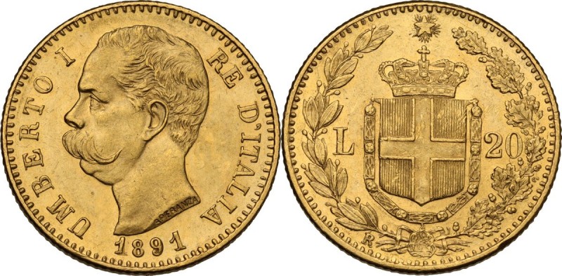 Umberto I (1878-1900). 20 lire 1891. Pag. 586; Mont. 26. AU. 21.00 mm. Segnetto ...