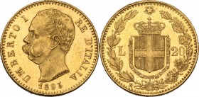 Umberto I (1878-1900). 20 lire 1893. Pag. 587; Mont. 29. AU. 21.00 mm. NC. Insignificante segnetto sul ciglio del rovescio ad ore 11. Conservazione al...