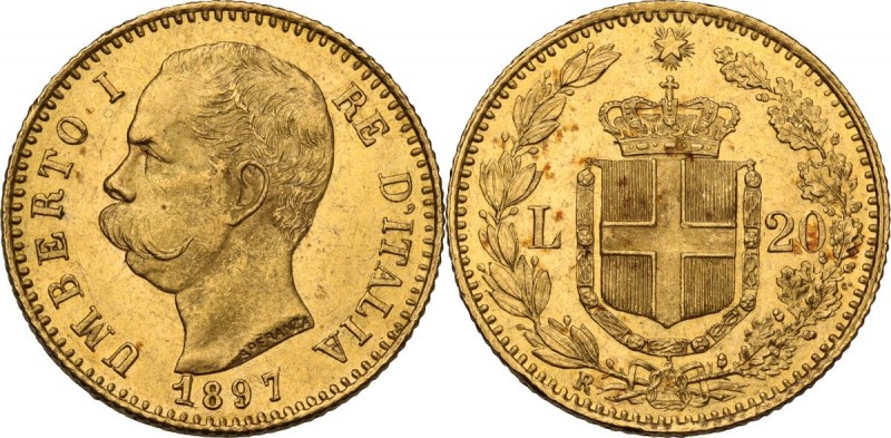 Umberto I (1878-1900). 20 lire 1897, oro rosso. Pag. 588; Mont. 31a. AU. 21.00 m...