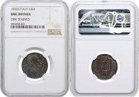 Umberto I (1878-1900). Lira 1892, Roma. Pag. 605; Mont. 51. AG. 23.00 mm. RR. Millesimo molto raro. Incapsulato NGC UNC Detail. Macchia al diritto, al...