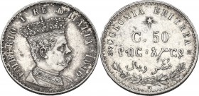 Colonia Eritrea. Umberto I (1890-1896). 50 centesimi 1890. Pag. 637; Mont. 87. AG. 18.00 mm. RR. Fondi lucenti con delicata patina. Alta conservazione...