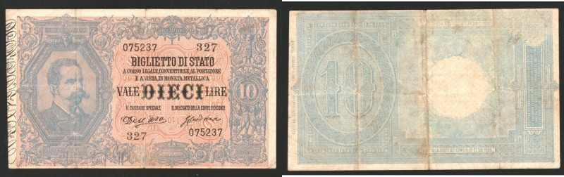 Umberto I (1878-1900). Banconota da 10 lire 5-2-1888 Dell'Ara - Crodara n. serie...