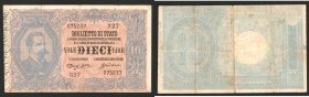 Umberto I (1878-1900). Banconota da 10 lire 5-2-1888 Dell'Ara - Crodara n. serie 327. Gavello 16; Crapanzano BS33. RRRRR. BB/SPL. Certicato Nasi.