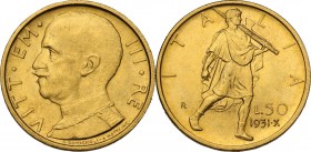 Vittorio Emanuele III (1900-1943). 50 lire 1931 A. X. Pag. 658; Mont. 38. AU. 20.50 mm. R. qFDC.