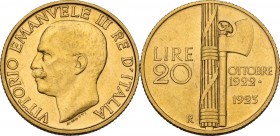 Vittorio Emanuele III (1900-1943). 20 lire 1923. Pag. 670; Mont. 55. AU. 21.00 mm. R. Segnetto nel campo del rovescio, altrimenti SPL+.