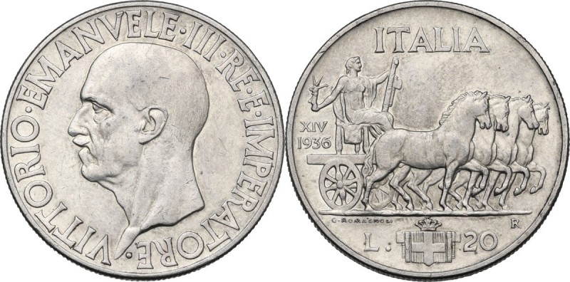 Vittorio Emanuele III (1900-1943). 20 Lire 1936, A. XVI. Pag. 681; Mont. 78. AG....