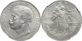 Vittorio Emanuele III (1900-1943). 5 lire 1911. Pag. 707; Mont. 110. AG. 37.00 mm. R. Perizia NGC, MS 62. FDC.