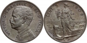 Vittorio Emanuele III (1900-1943). 5 Centesimi 1908. Pag. 892; Mont. 360. CU. 25.00 mm. R. qFDC.