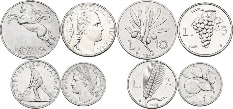 Serie di quattro (4) valori 1946: 10 lire, 5 lire, 2 lire e lira. Mont. 3. AL. R...