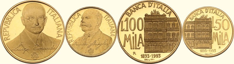 Lotto di due (2) monete da 100.000 e 50.000 lire 1993 per il centenario della fo...