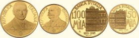 Lotto di due (2) monete da 100.000 e 50.000 lire 1993 per il centenario della fondazione della banca d'Italia. Mont. 1,2. AU. 25 e 20 mm. Totale peso ...