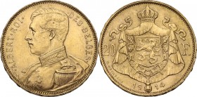 Belgium. Albert I (1909-1934). 20 Francs 1914. KM 78; Fried. 421. AV. 21.00 mm. Minor contact nicks About EF.