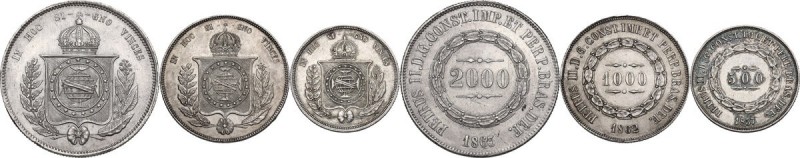 Brazil. Pedro II (1831-1889). Lot of three (3) coins: 2000 Reis 1863, 1000 Reis ...