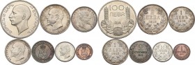Bulgaria. Lot of seven (7) coins: 100 leva 1934, 2 leva 1913, leva 1910, 1913, 50 stotinki 1913, 2 stotinki 1912, stotinka 1912. AR, AE. A very intere...
