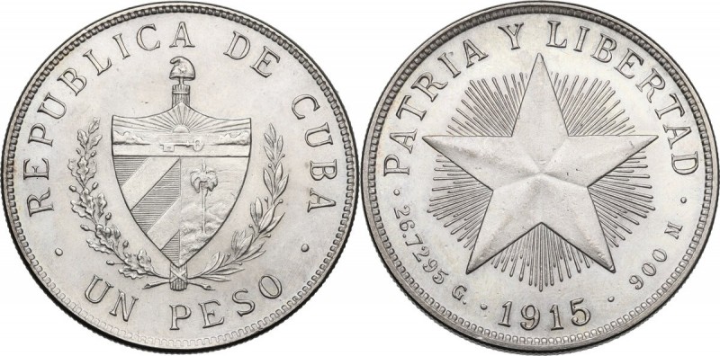Cuba. First Republic (1902-1962). Peso 1915, Low relief star, San Francisco mint...