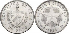Cuba. First Republic (1902-1962). Peso 1915, Low relief star, San Francisco mint. KM 15.2. AR. 38.00 mm. RR. An handsome mint state example with a lig...