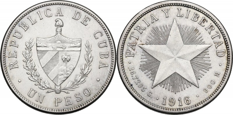Cuba. First Republic (1902-1962). Peso 1916, low relief star, San Francisco mint...