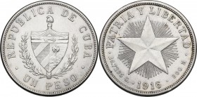 Cuba. First Republic (1902-1962). Peso 1916, low relief star, San Francisco mint. KM 15.2. AR. 38.00 mm. Cleaning marks. AU.