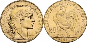 France. Third Republic (1871-1940). 20 Francs 1911. KM 857; Gad. 1064a; Fried. 596a. AV. 21.00 mm. AU.